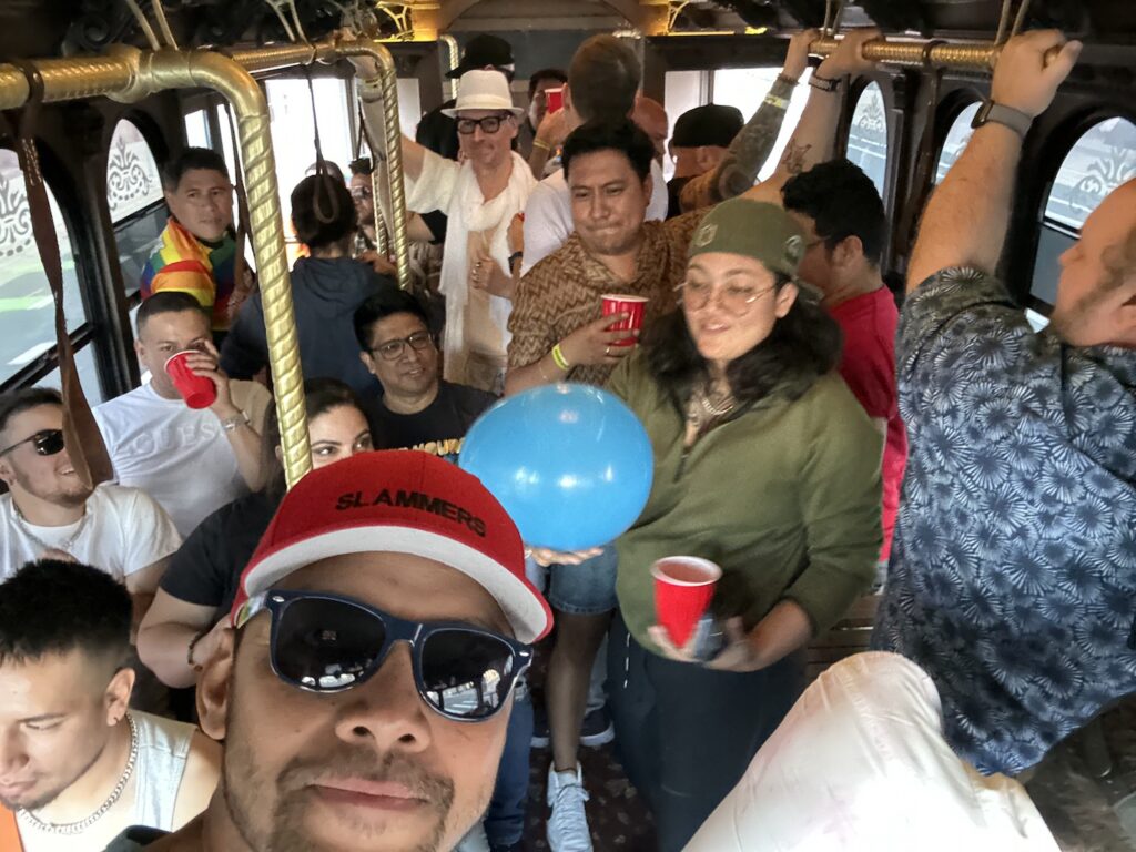 Adult birthday party bus with people with drinks