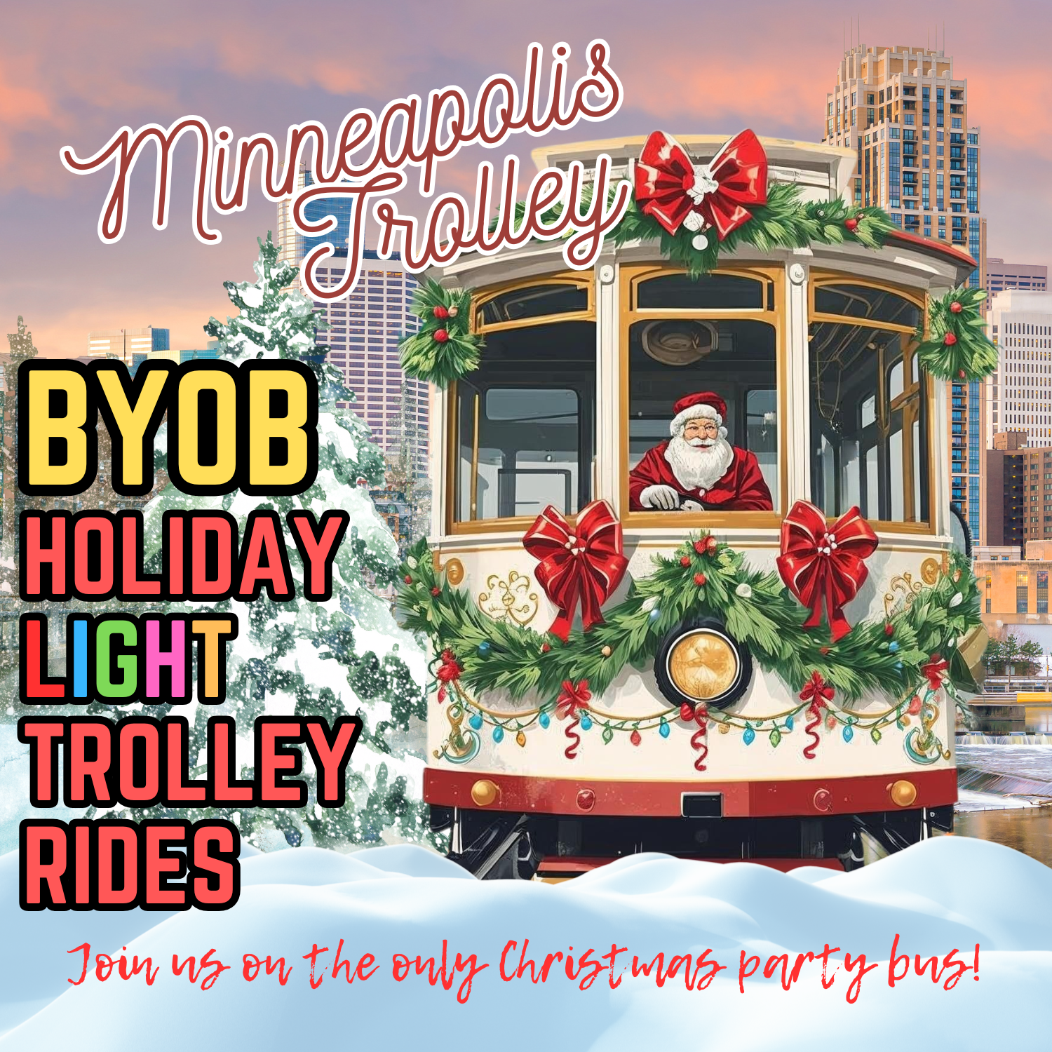 Guests on the heated Minneapolis BYOB holiday light ride trolley watching Christmas light displays through the windows