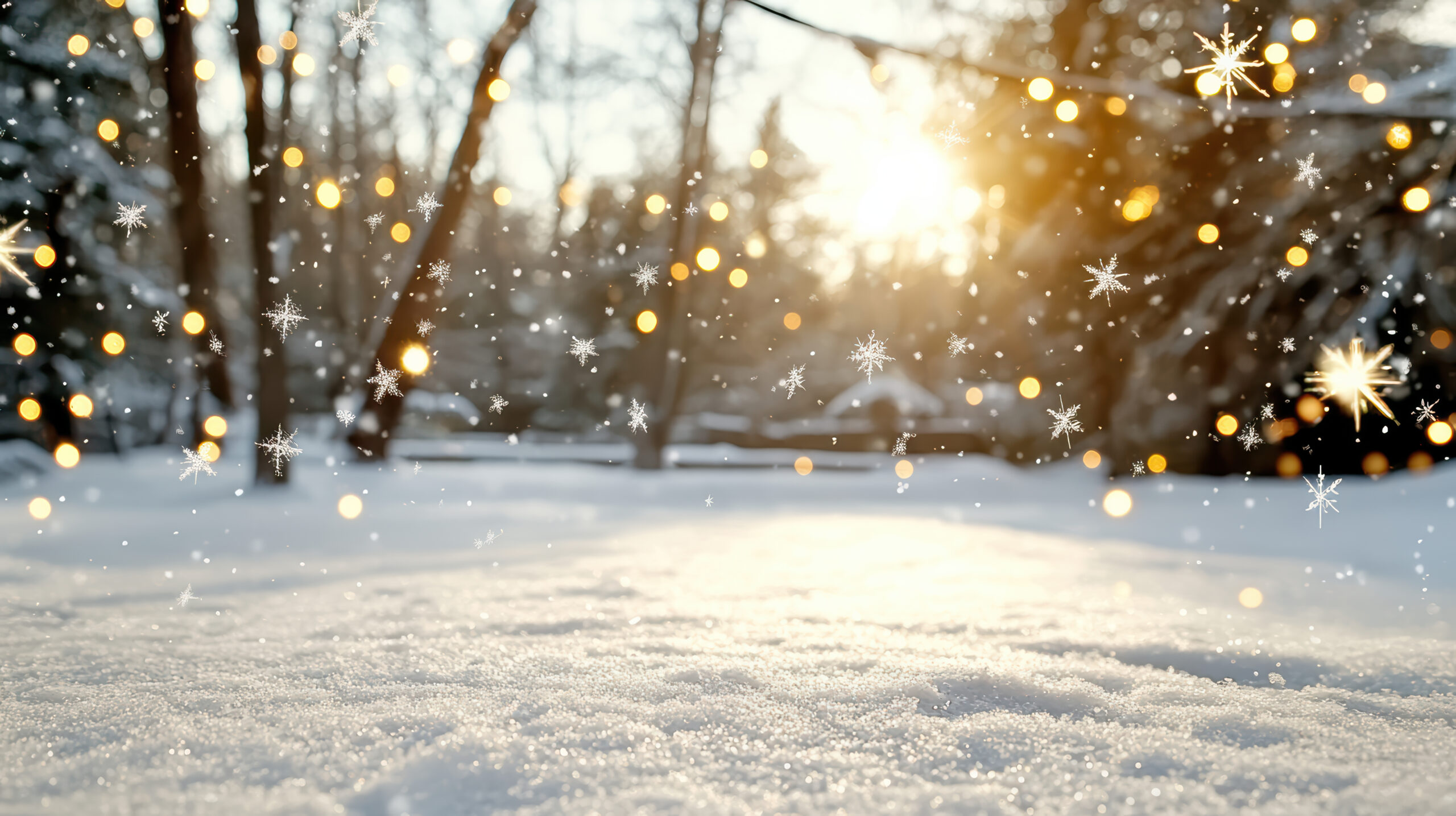 Snow falling over glowing Christmas lights at golden hour, the classic view from a Minneapolis holiday light ride