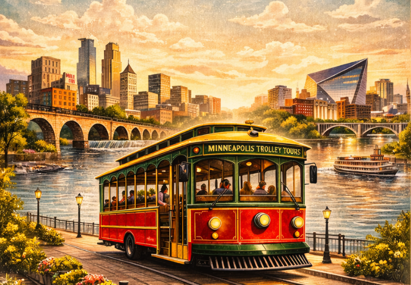 An illustrated view of the Minneapolis riverfront and downtown skyline with a trolley crossing in the foreground, the city the true crime tour drives through.