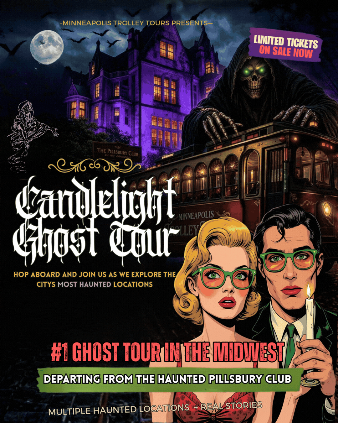 Promotional artwork for the Candlelight Ghost Tour showing the Minneapolis Trolley and two wide-eyed illustrated passengers.