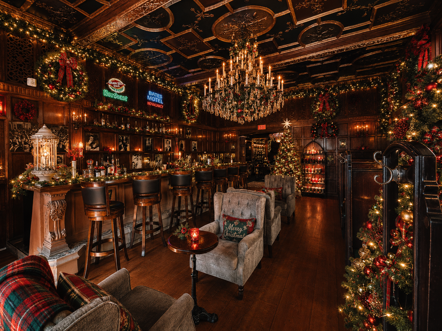 The speakeasy-style bar inside the historic Pillsbury Club in Minneapolis decorated for Christmas, with lit garlands, a chandelier, wreaths and a decorated tree beside the oak panelling